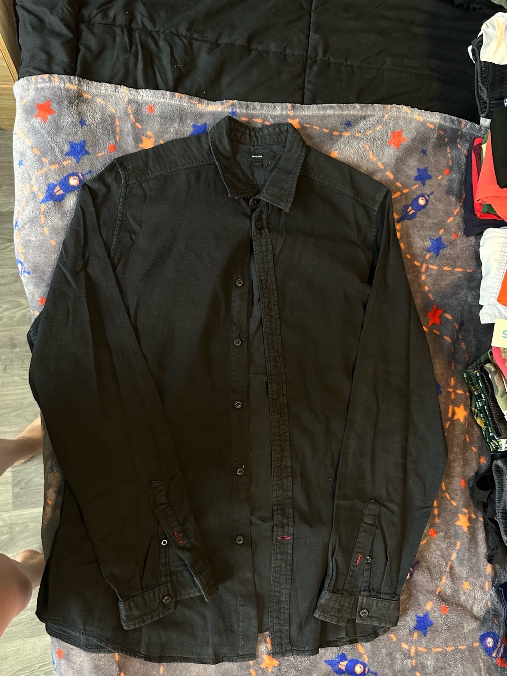 Diesel Mens Large Black Long Sleeve Button Up Shirt Textured Cotton Made in Indi